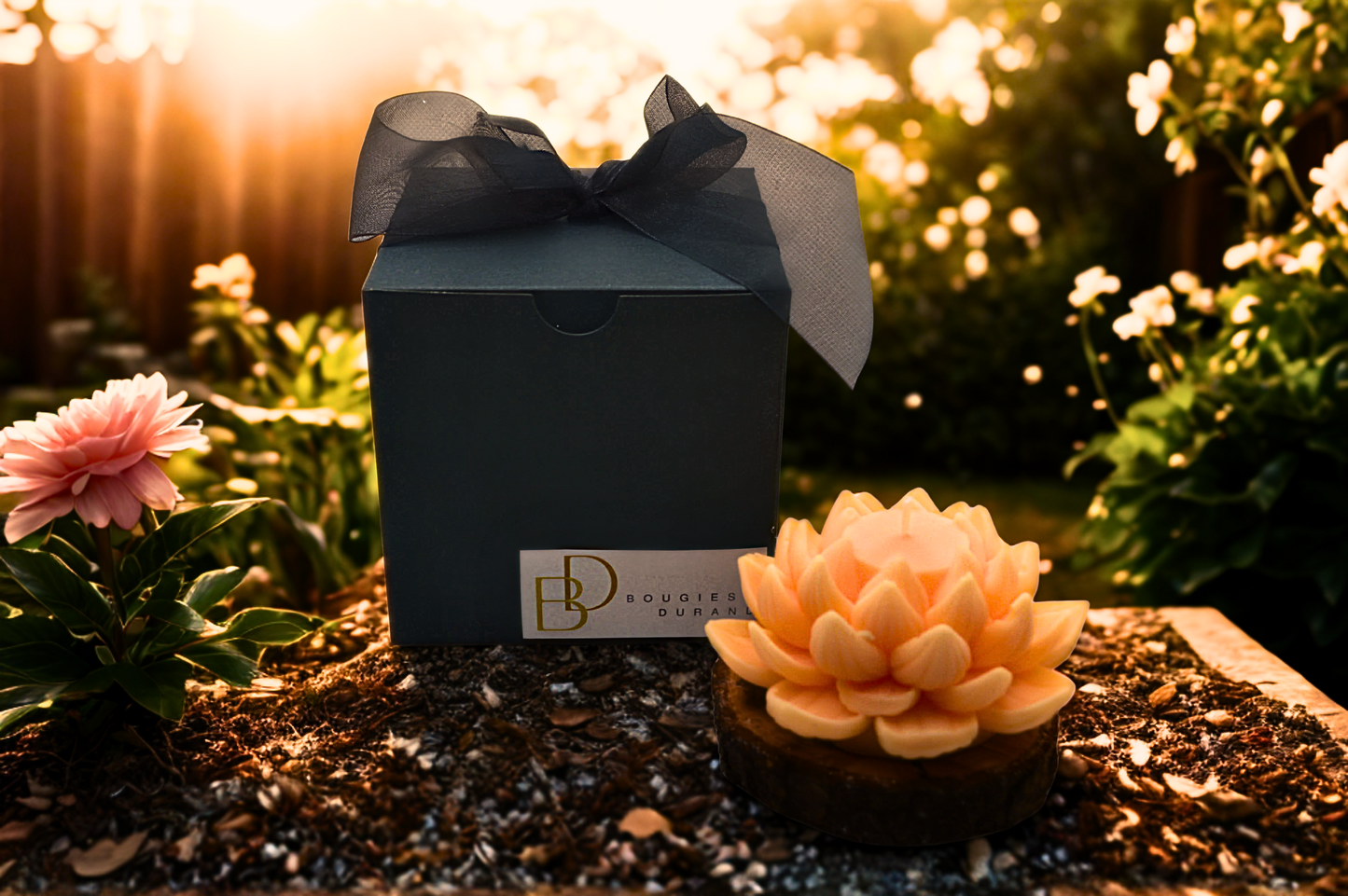 Bougie en forme de lotus orange à la cire de soja et aux parfums de Grasse .