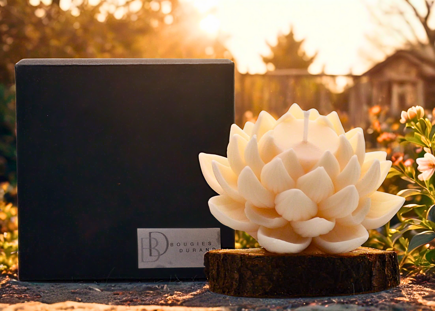 Bougie à la cire de soja et aux parfums de Grasse en forme de lotus.