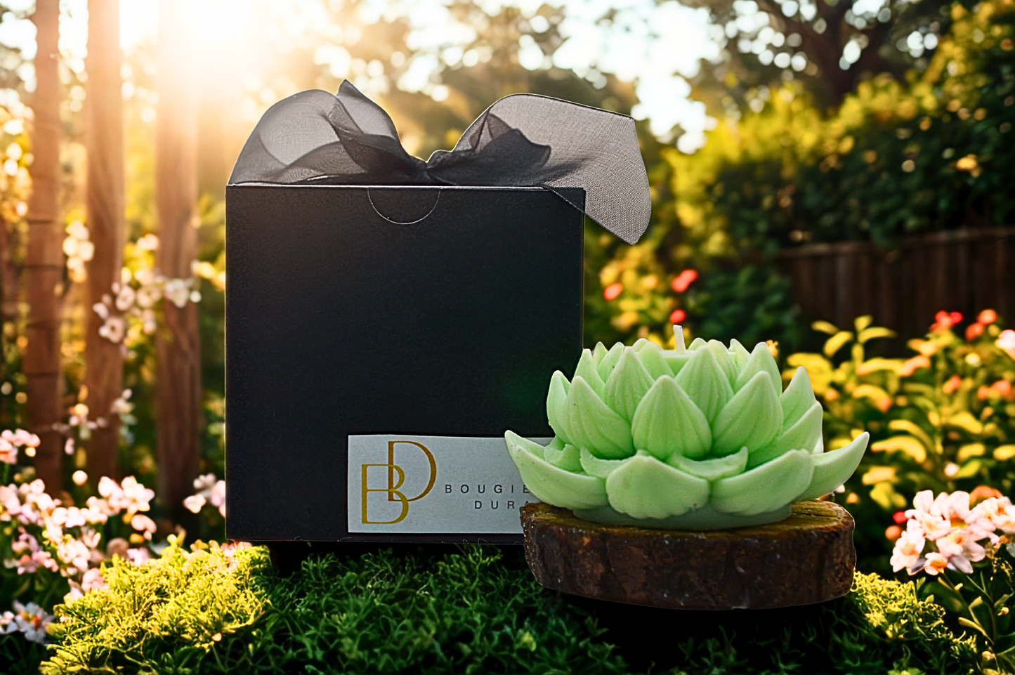 Bougie en forme de lotus à la cire de soja et aux parfums de Grasse .