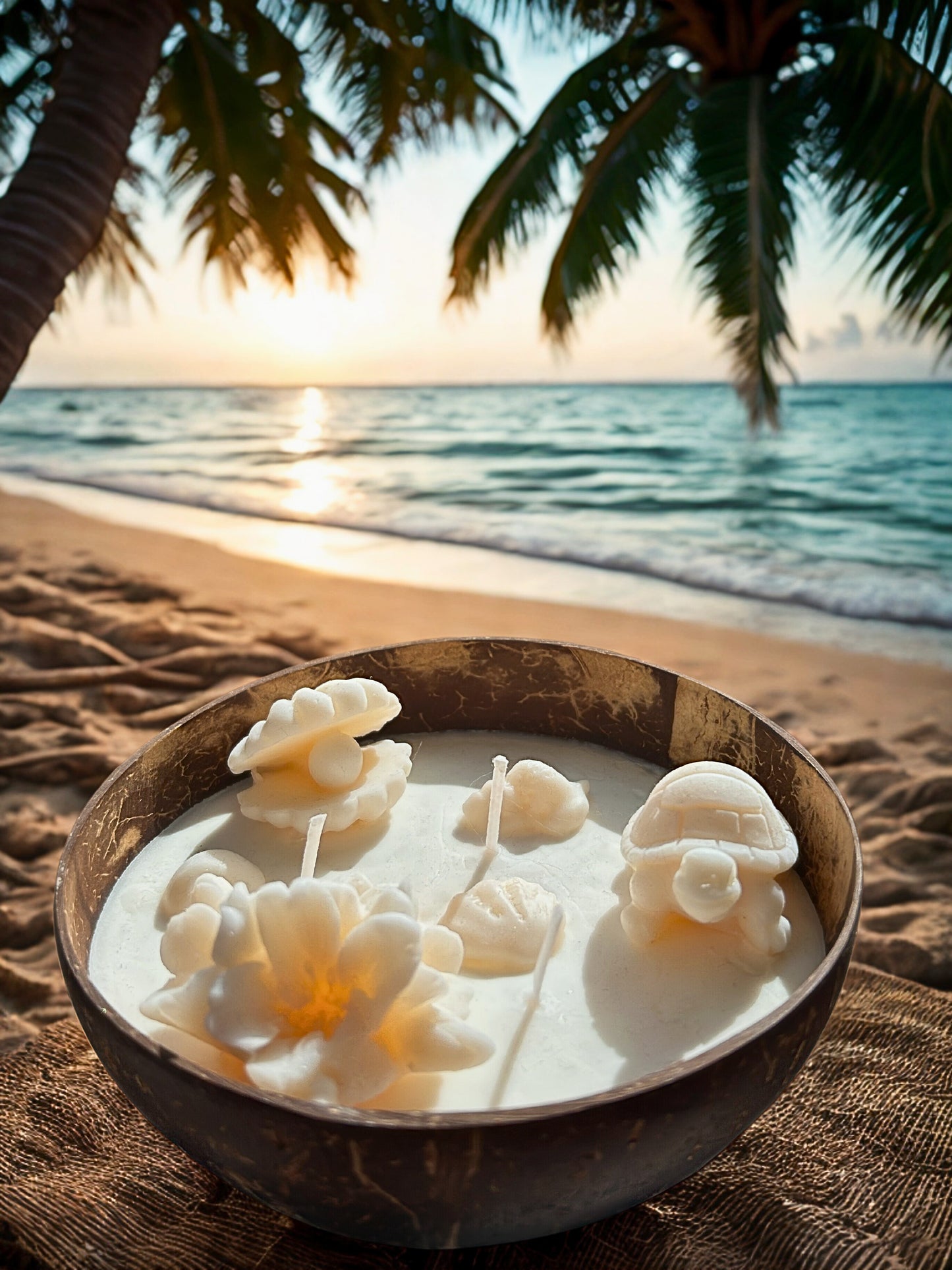 Bougie coulée dans un bol en noix de coco