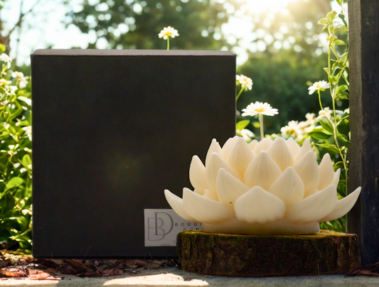 Bougie à la cire de soja et aux parfums de Grasse en forme de lotus.
